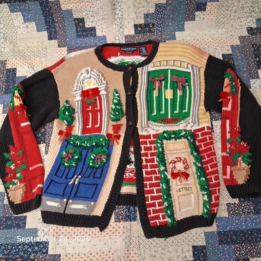 90s Vintage 1994 Eagles Eye Christmas Wreath Door Porch Cardigan Sweater Large L